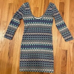 Ethnic Pattern Purple Blue Pink Mini Dress Long Sleeve